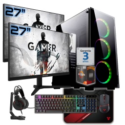 PC Gamer AMD Ryzen 7 5700G RAM 32Gb Ddr4 Ssd Nvme 1Tb 2 Monitores 27" 100Hz Wifi Bt Teclado Mouse Auricular MousePad W11
